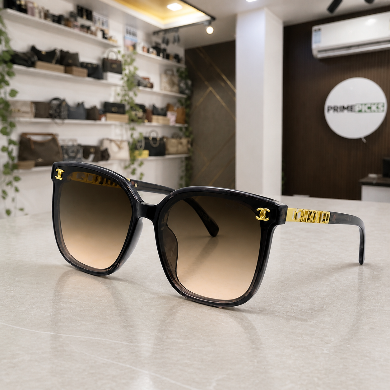 Chanel smoke-grey butterfly sunglasses with brown gradient lenses, PrimePicks office lifestyle view