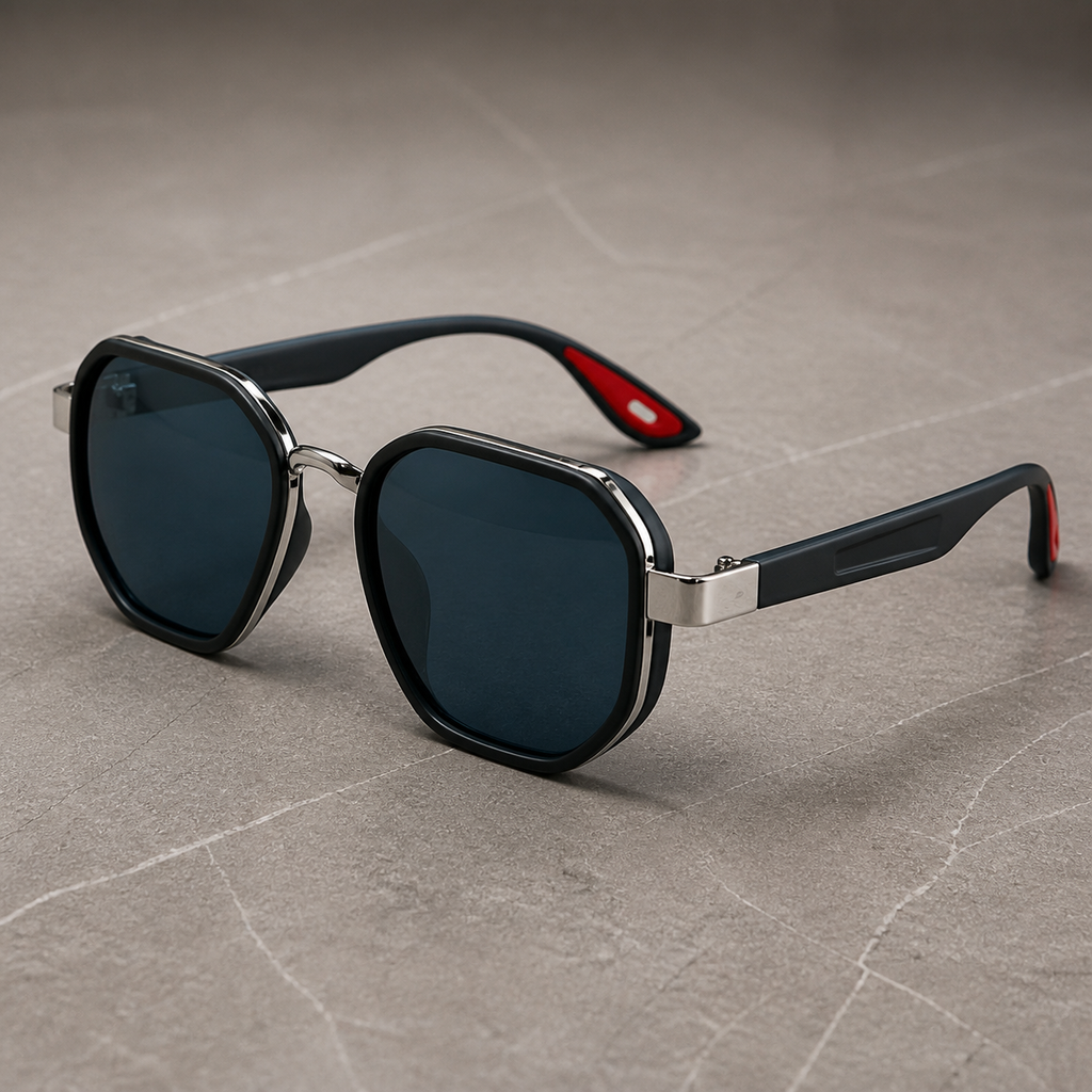 Ray-Ban unisex sport square sunglasses in black and silver-tone with dark blue lenses, temple detail