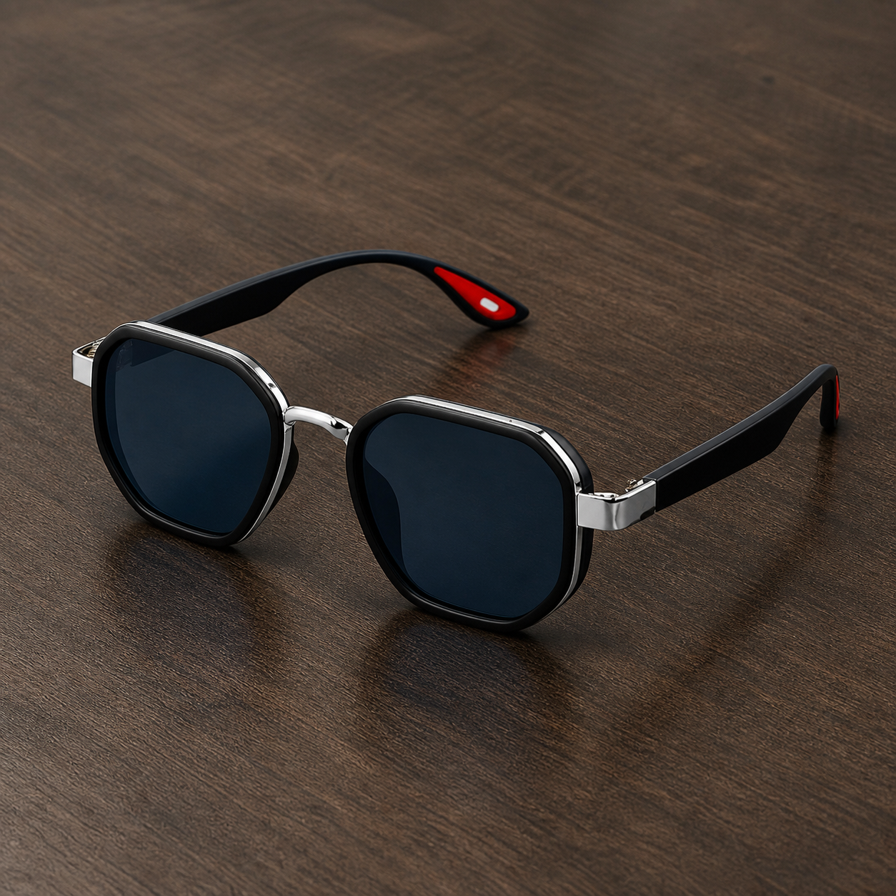 Ray-Ban unisex sport square sunglasses in black and silver-tone with dark blue lenses, additional view