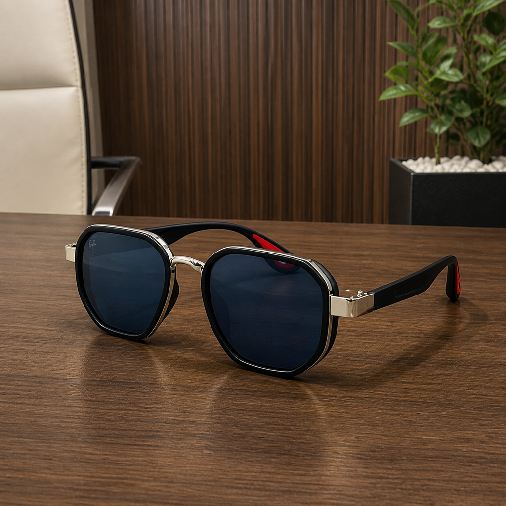 Ray-Ban unisex sport square sunglasses in black and silver-tone with dark blue lenses, PrimePicks office lifestyle