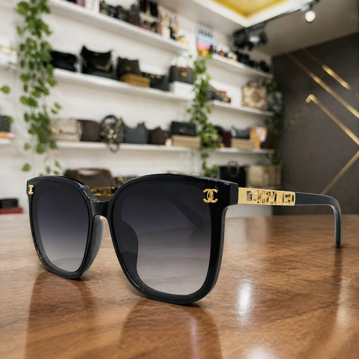 Chanel black butterfly sunglasses with smoke gradient lenses, gold-tone emblem and hinge detail