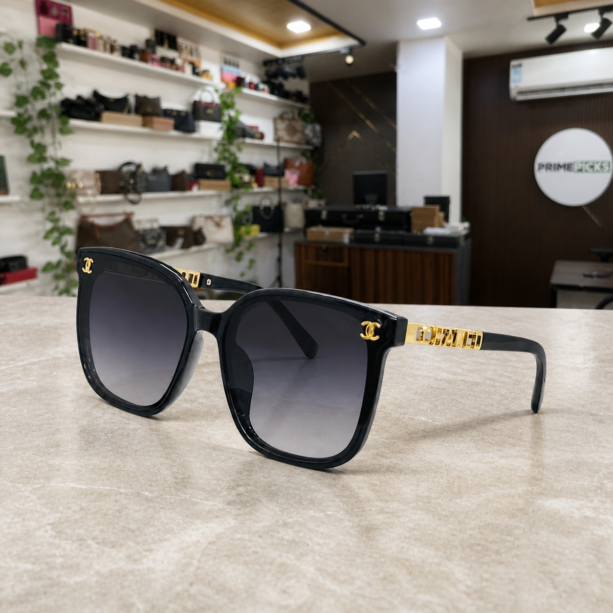 Chanel black butterfly sunglasses with smoke gradient lenses, PrimePicks office lifestyle view