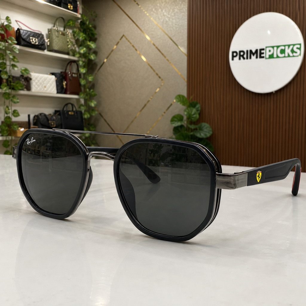 Ray-Ban Ferrari gloss black gunmetal and dark smoke square aviator sunglasses - temple detail