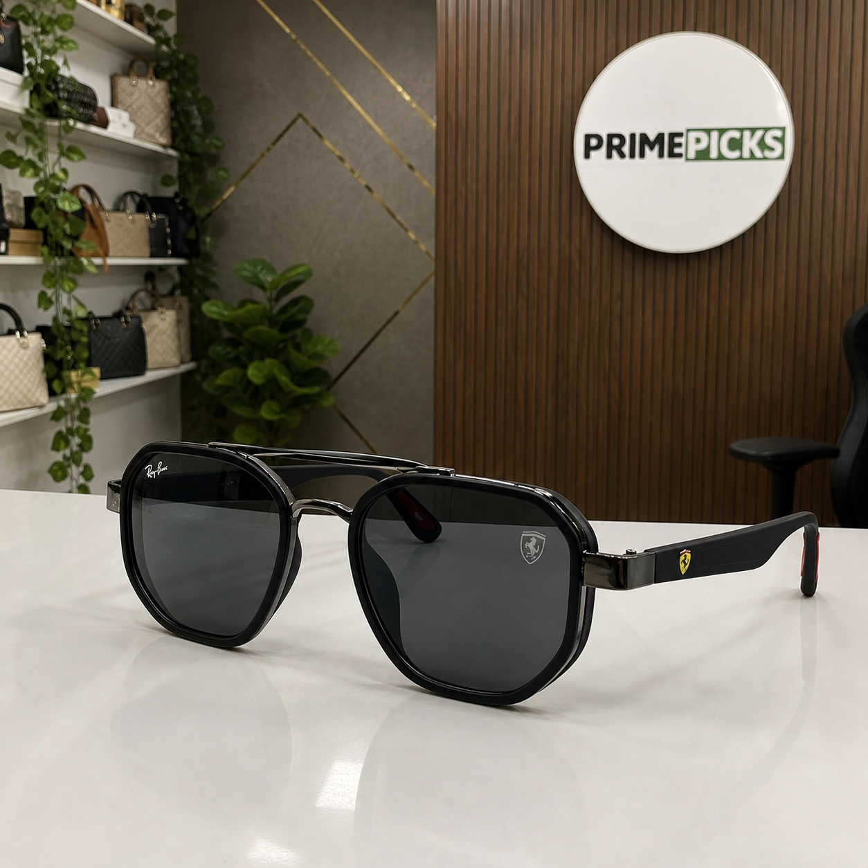 Ray-Ban Ferrari gloss black gunmetal and dark smoke square aviator sunglasses - office lifestyle