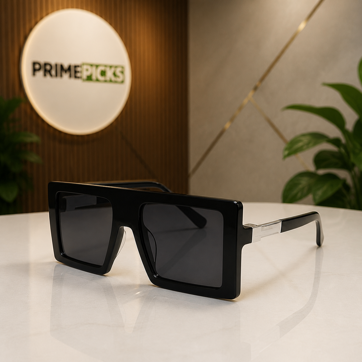Marc Jacobs gloss black oversized flat-top rectangular sunglasses with silver-tone hinges and dark smoke lenses, front three-quarter hero view