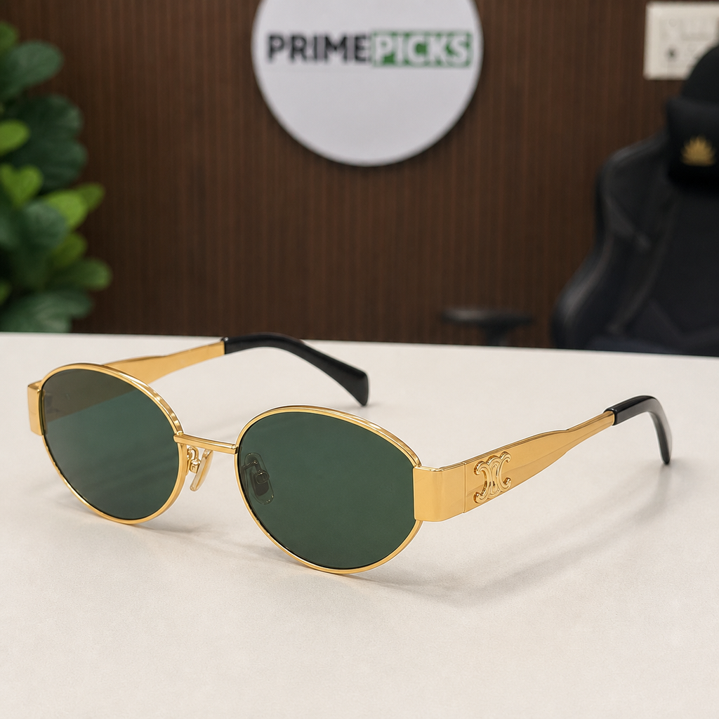 Celine gold-tone oval sunglasses with green lenses, three-quarter left view