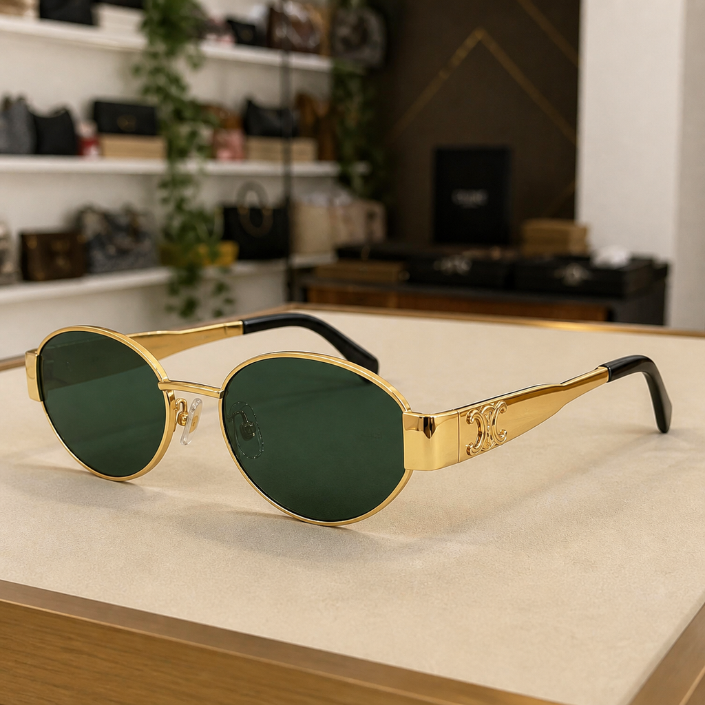 Celine gold-tone oval sunglasses with green lenses, three-quarter right view