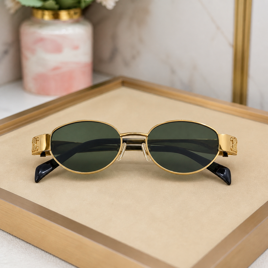 Celine gold-tone oval sunglasses with green lenses, folded overhead view