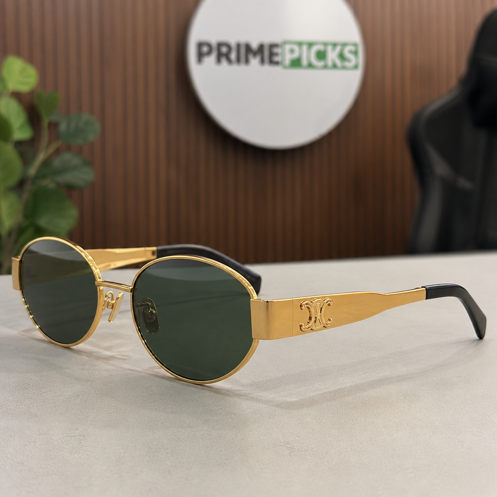 Celine gold-tone oval sunglasses with green lenses, ornate hinge detail