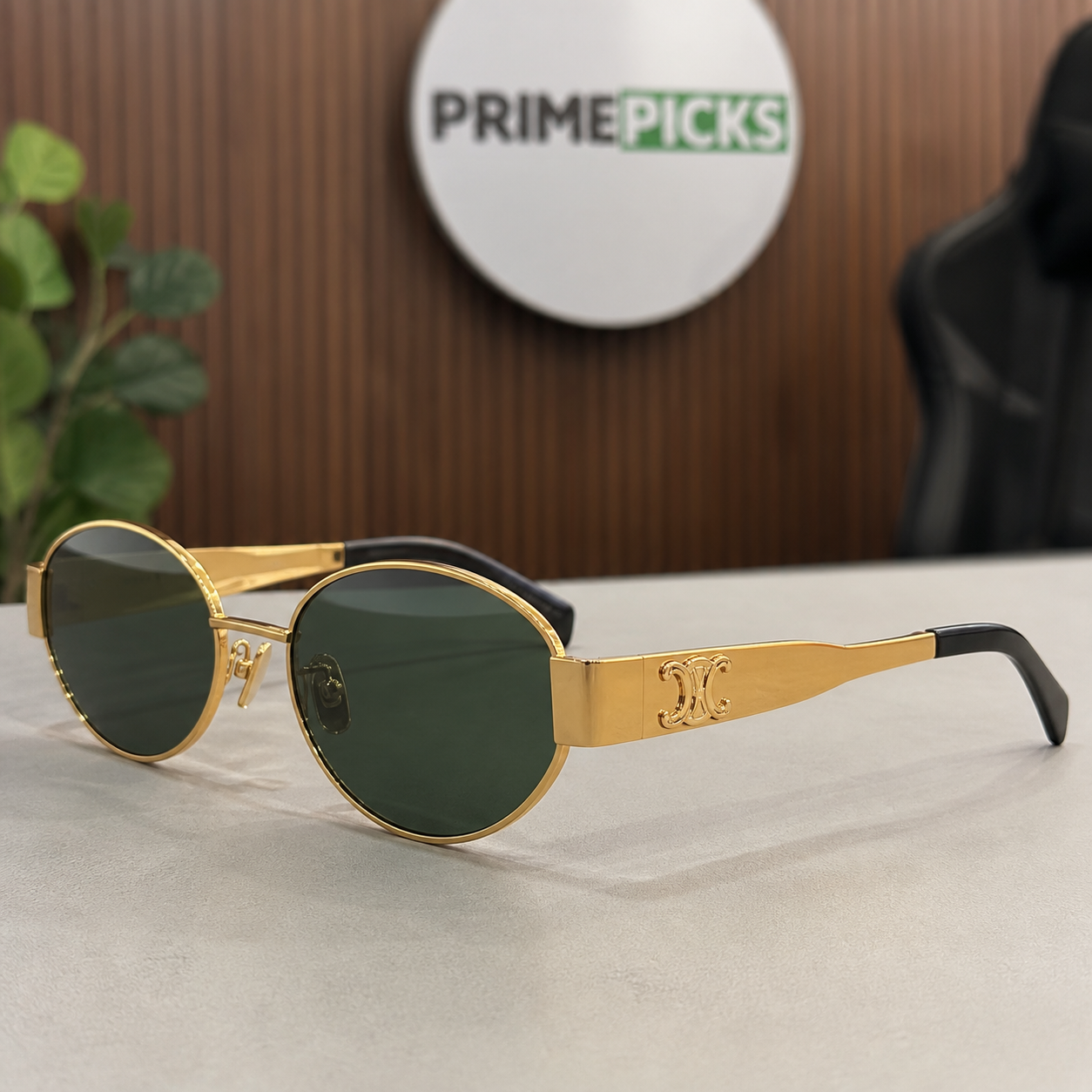 Celine gold-tone oval sunglasses with green lenses, ornate hinge detail