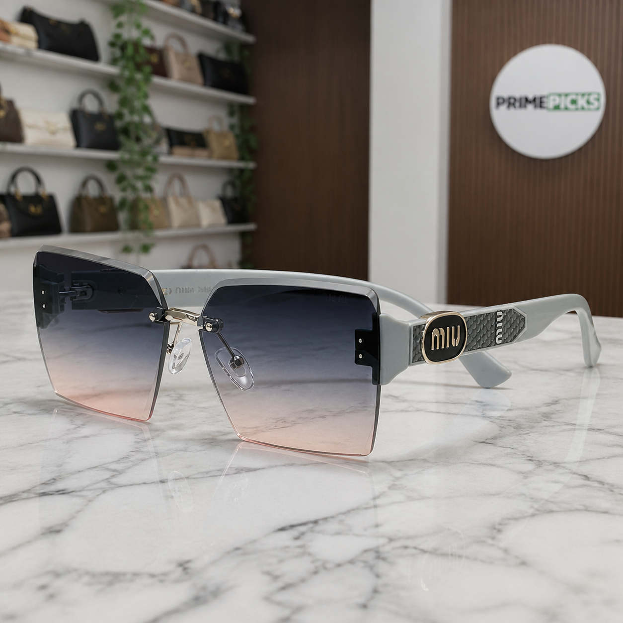 Miu Miu light grey-temple oversized rimless square sunglasses with silver-tone hardware and blue-grey-to-rose gradient lenses, front three-quarter hero view