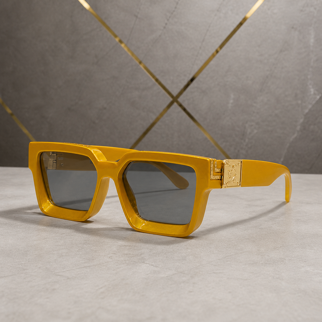 Louis Vuitton mustard angular square sunglasses with smoke lenses, alternate three-quarter view