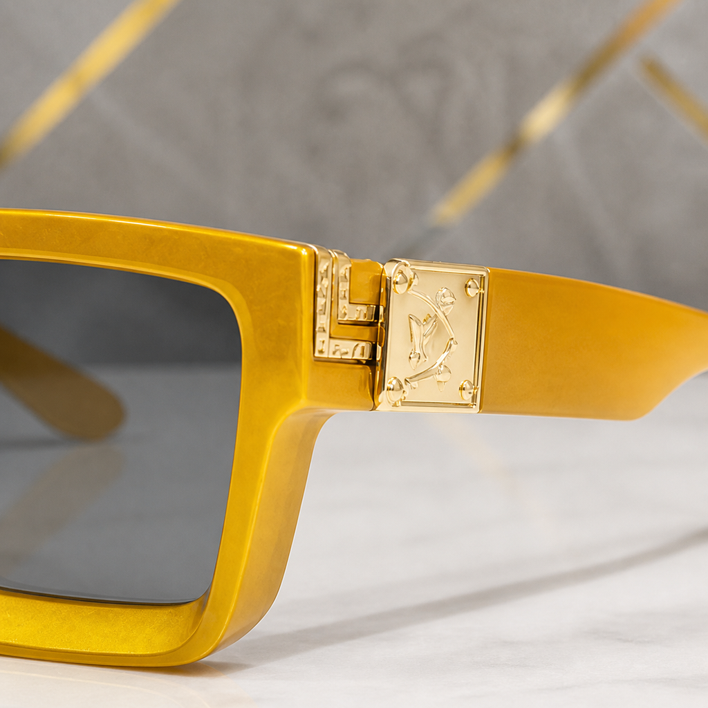 Louis Vuitton mustard angular square sunglasses with smoke lenses, decorative hinge detail