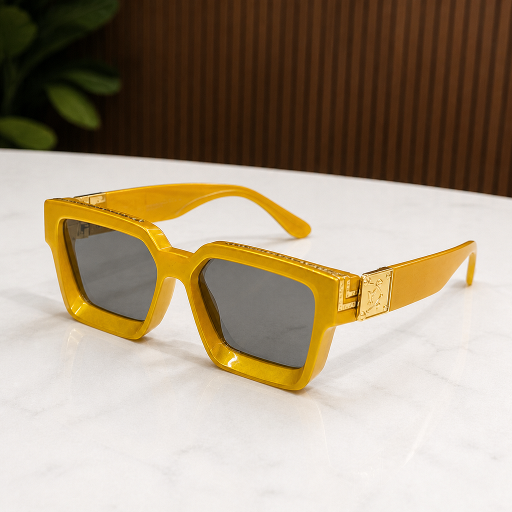 Louis Vuitton mustard angular square sunglasses with smoke lenses, elevated front view