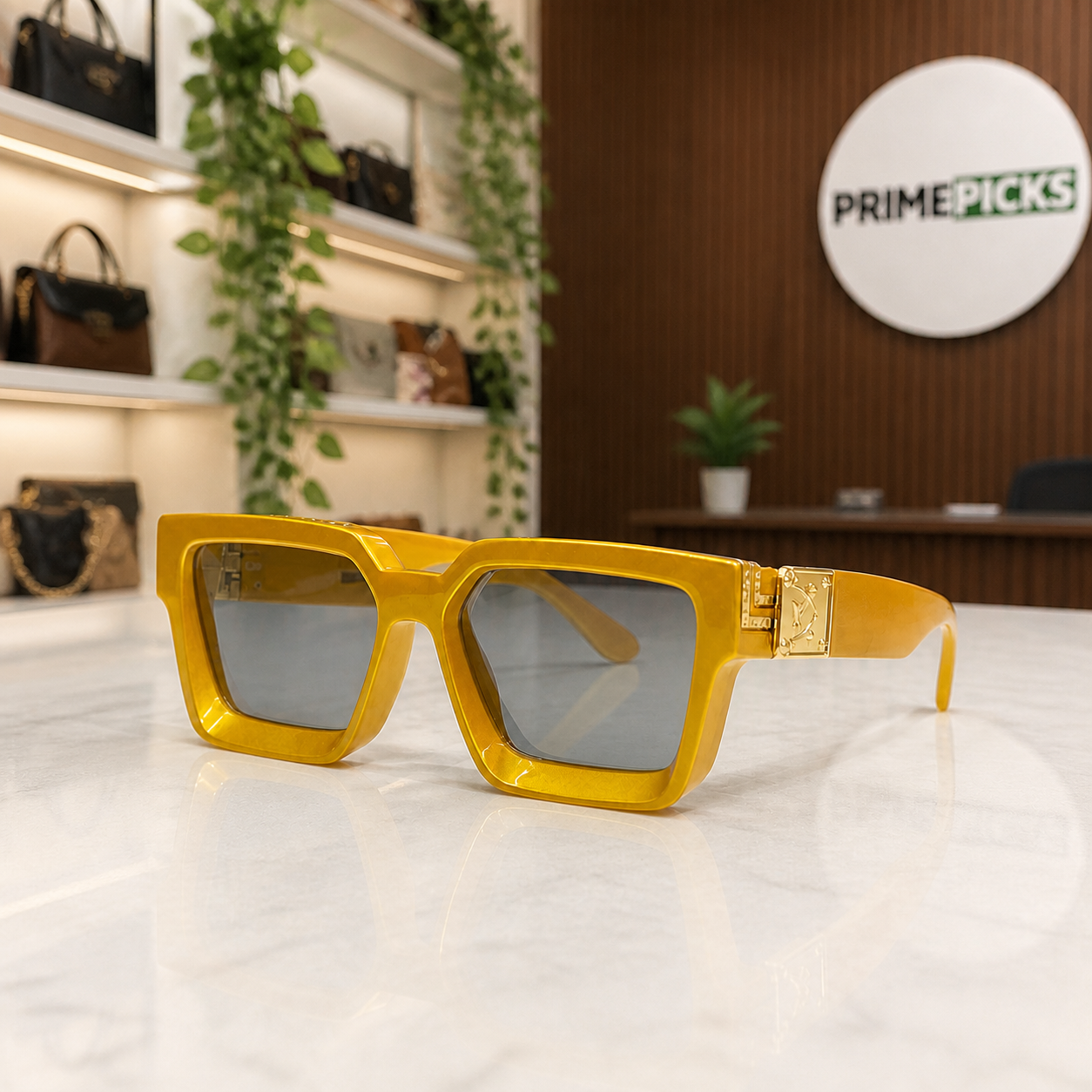 Louis Vuitton mustard angular square sunglasses with smoke lenses, PrimePicks office lifestyle view