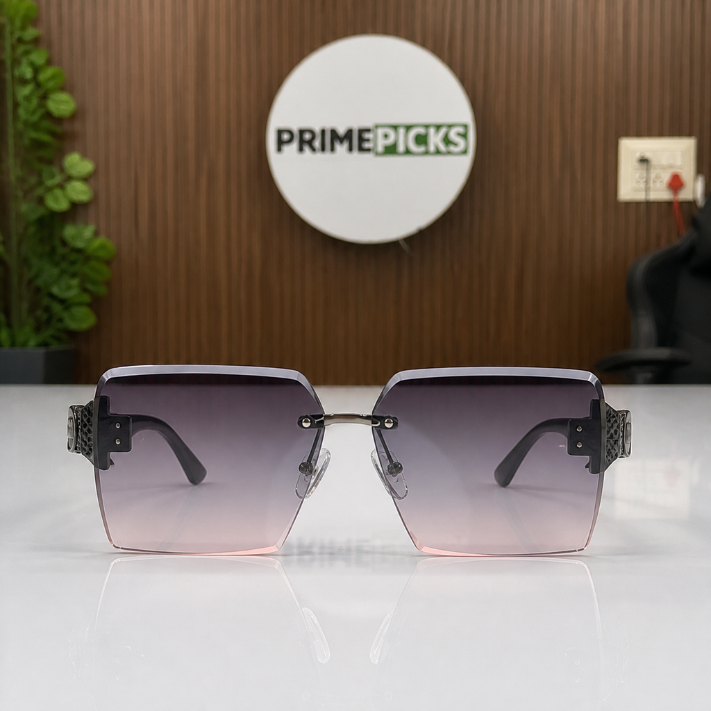 Miu Miu black-temple oversized rimless square sunglasses with gunmetal-tone hardware and smoky mauve gradient lenses, elevated front view