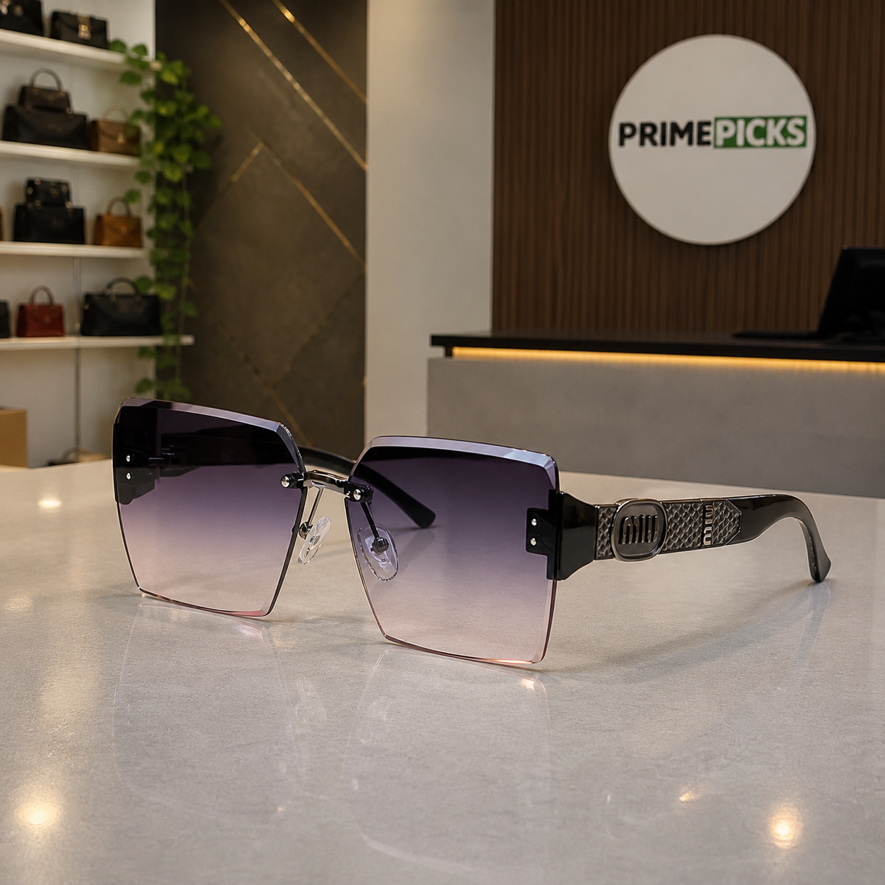 Miu Miu black-temple oversized rimless square sunglasses with gunmetal-tone hardware and smoky mauve gradient lenses, PrimePicks office lifestyle view