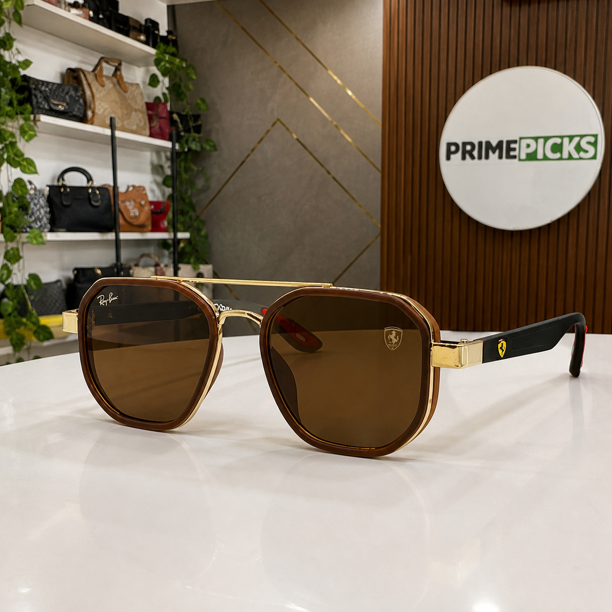 Ray-Ban Ferrari brown and gold with brown lenses square aviator sunglasses - front hero view
