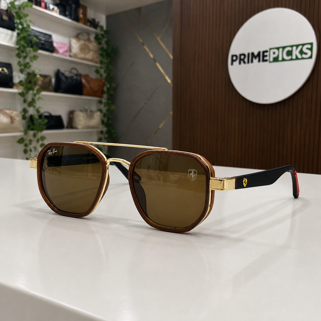 Ray-Ban Ferrari brown and gold with brown lenses square aviator sunglasses - alternate angle