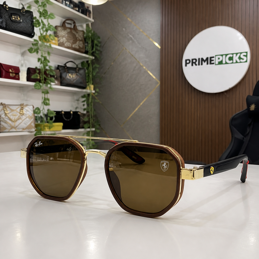 Ray-Ban Ferrari brown and gold with brown lenses square aviator sunglasses - temple detail