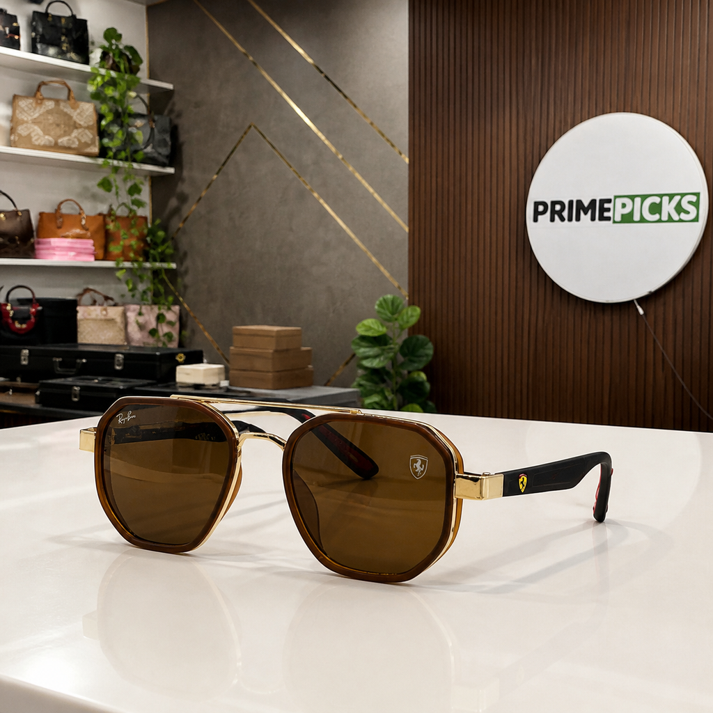 Ray-Ban Ferrari brown and gold with brown lenses square aviator sunglasses - office lifestyle