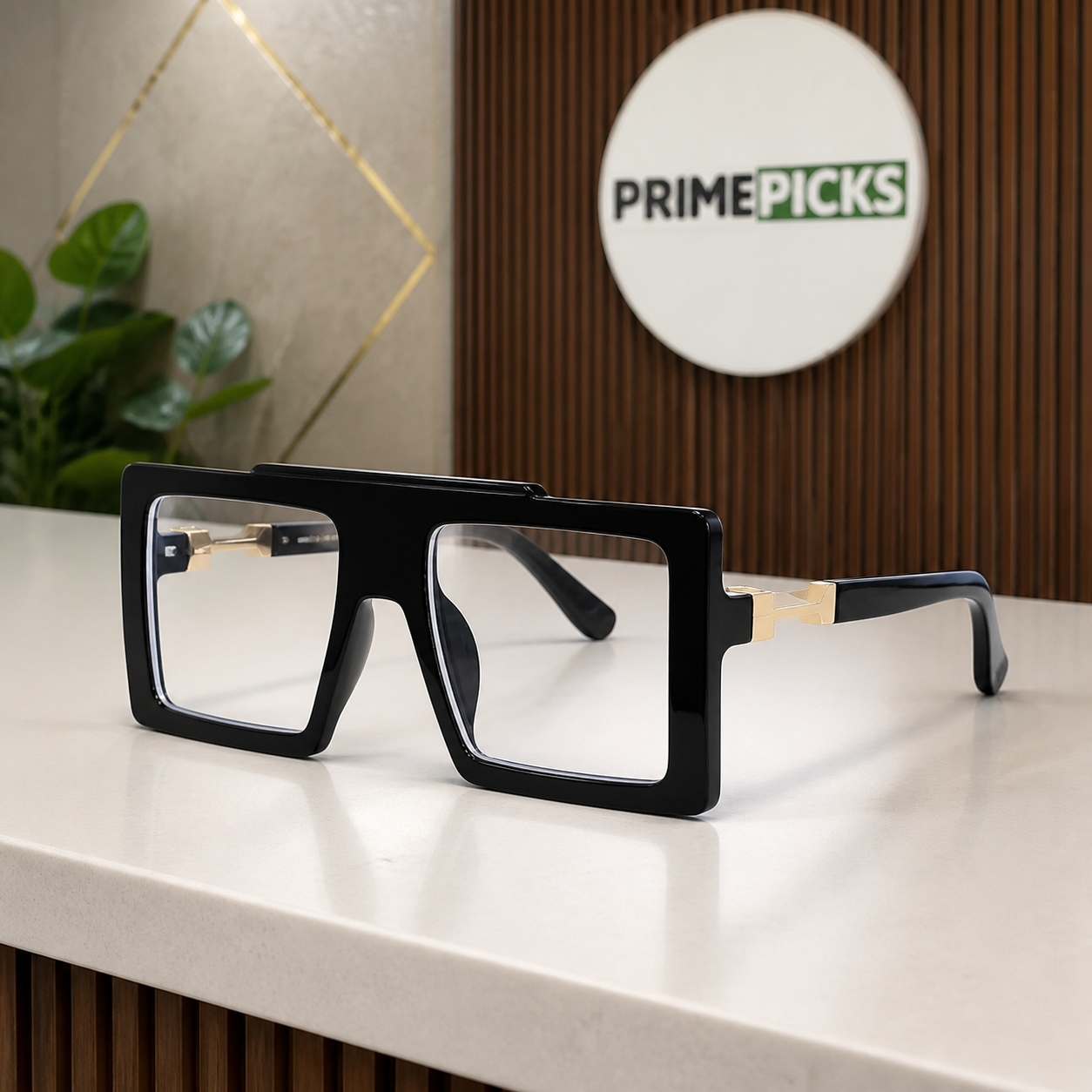Marc Jacobs gloss black oversized flat-top rectangular glasses with gold-tone hinges and clear lenses, front three-quarter hero view