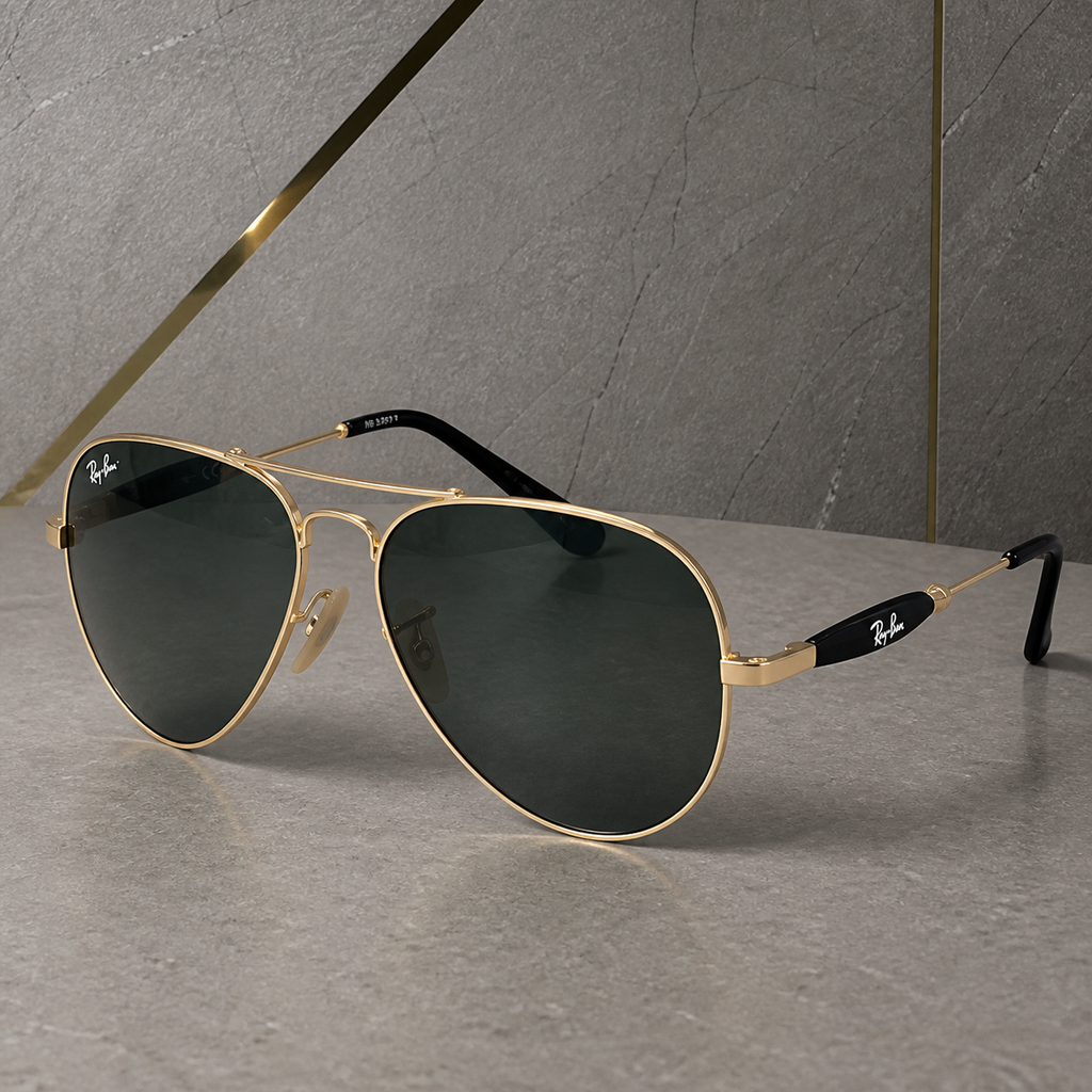 Ray-Ban 3517 Gold / Dark Green aviator sunglasses - temple detail