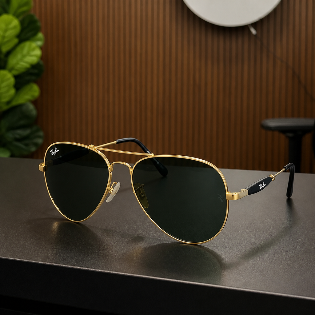 Ray-Ban 3517 Gold / Dark Green aviator sunglasses - office lifestyle