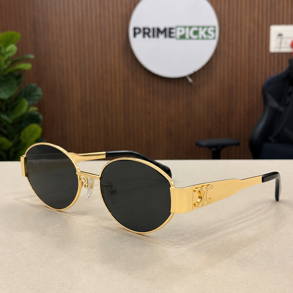 Celine gold-tone oval sunglasses with smoke lenses, three-quarter left view