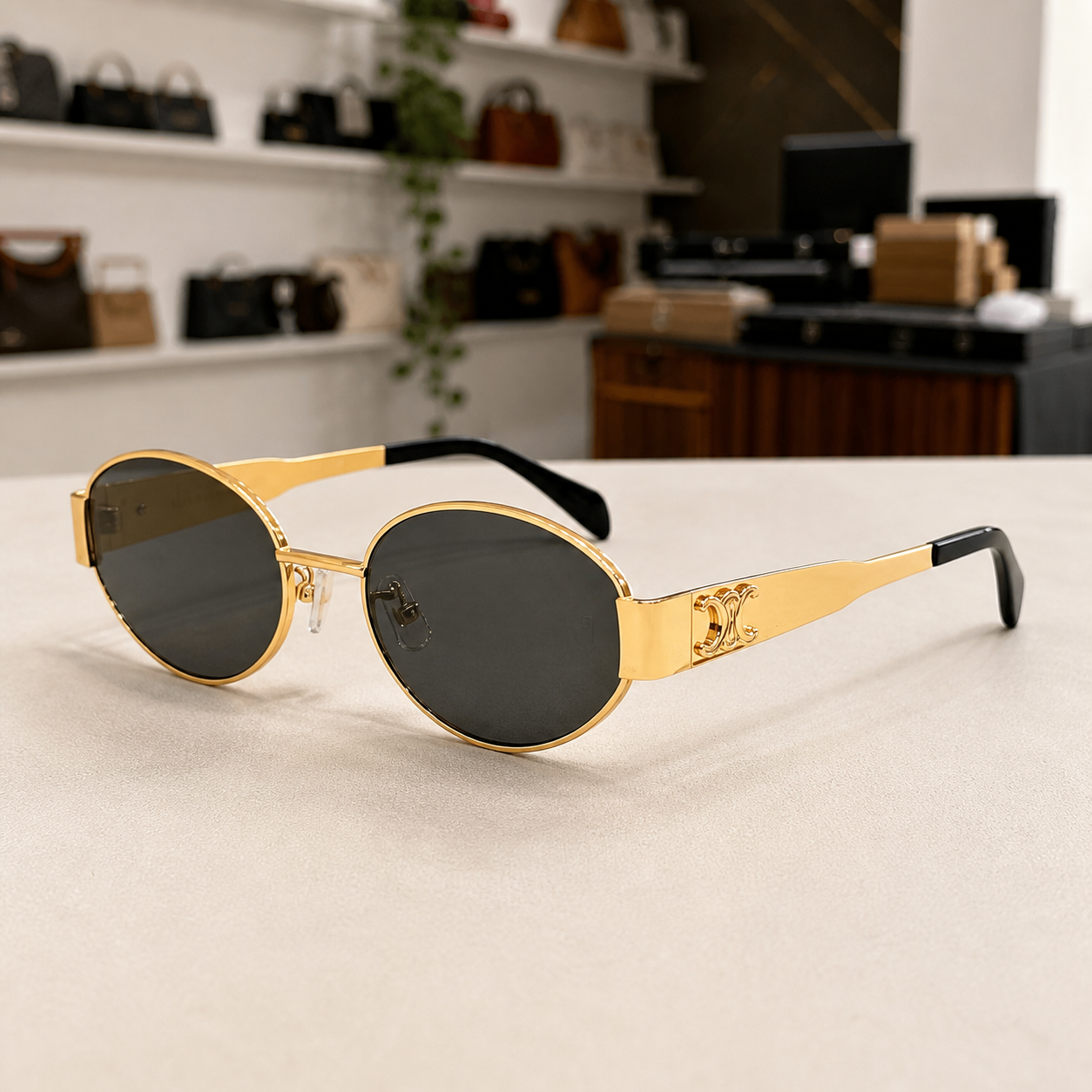 Celine gold-tone oval sunglasses with smoke lenses, three-quarter right view