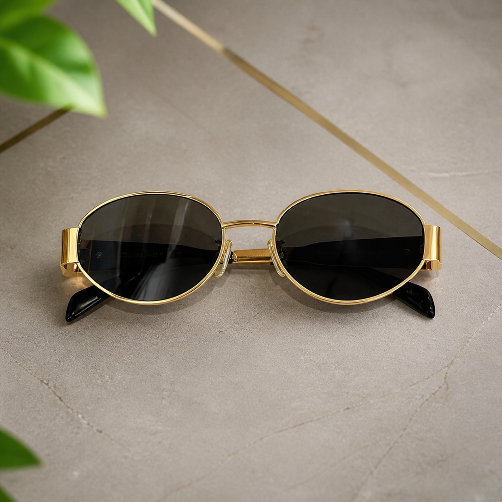 Celine gold-tone oval sunglasses with smoke lenses, folded overhead view