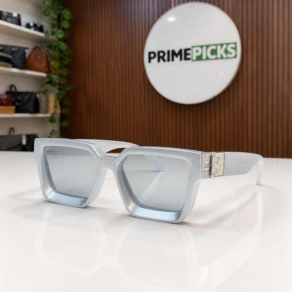Louis Vuitton icy grey angular square sunglasses with smoke lenses, front three-quarter hero view
