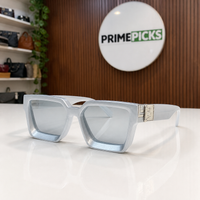 Louis Vuitton icy grey angular square sunglasses with smoke lenses, front three-quarter hero view