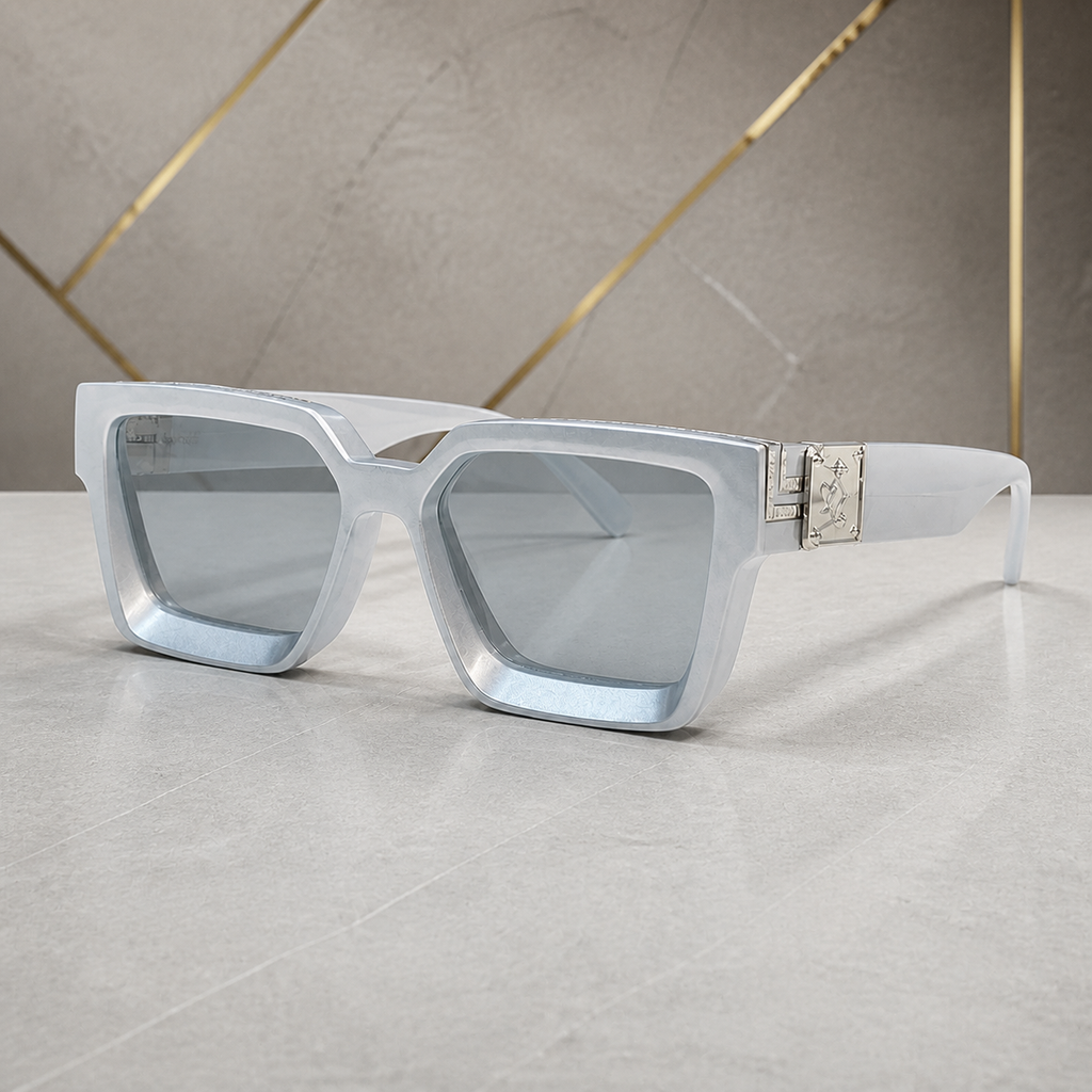 Louis Vuitton icy grey angular square sunglasses with smoke lenses, alternate three-quarter view