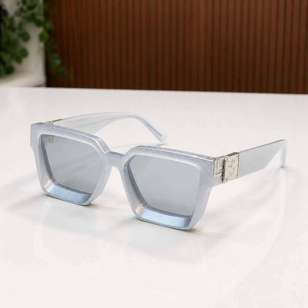 Louis Vuitton icy grey angular square sunglasses with smoke lenses, elevated front view