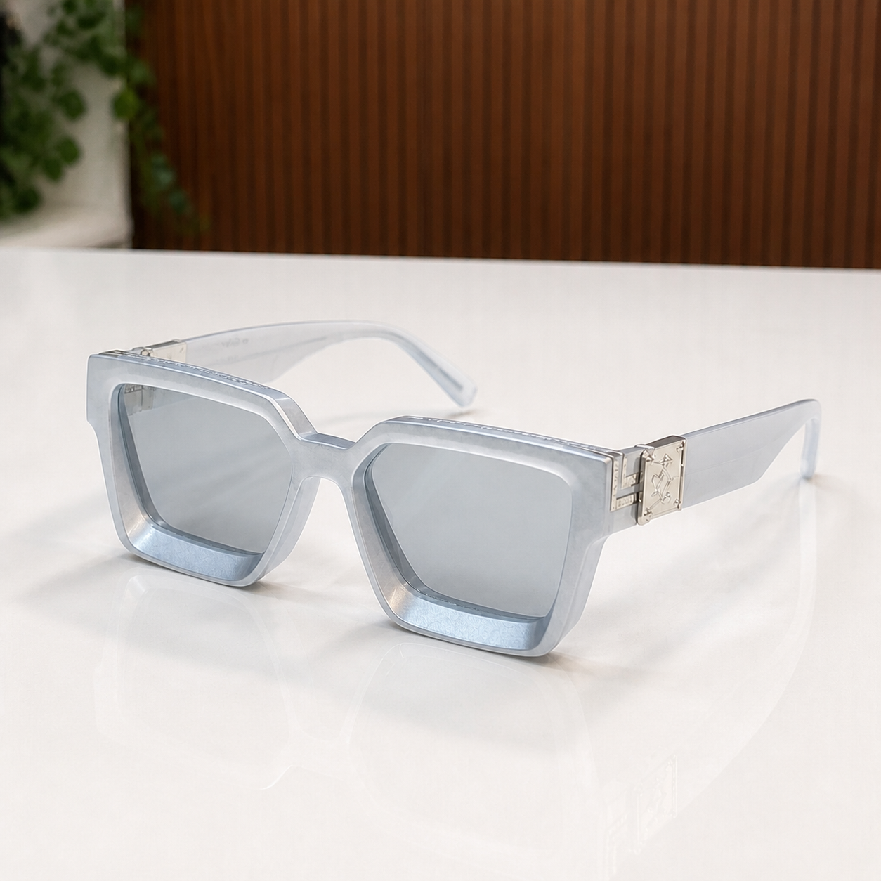 Louis Vuitton icy grey angular square sunglasses with smoke lenses, elevated front view