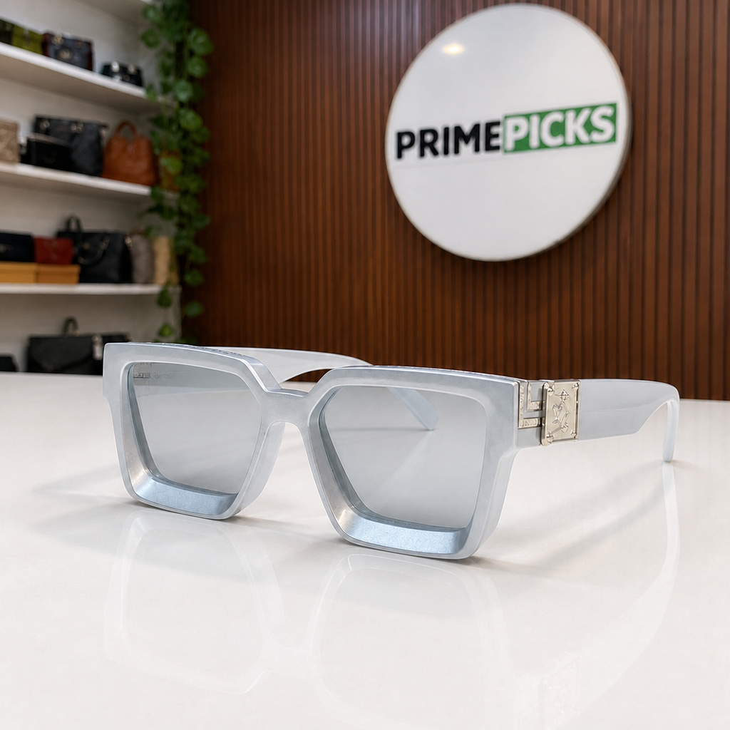 Louis Vuitton icy grey angular square sunglasses with smoke lenses, PrimePicks office lifestyle view