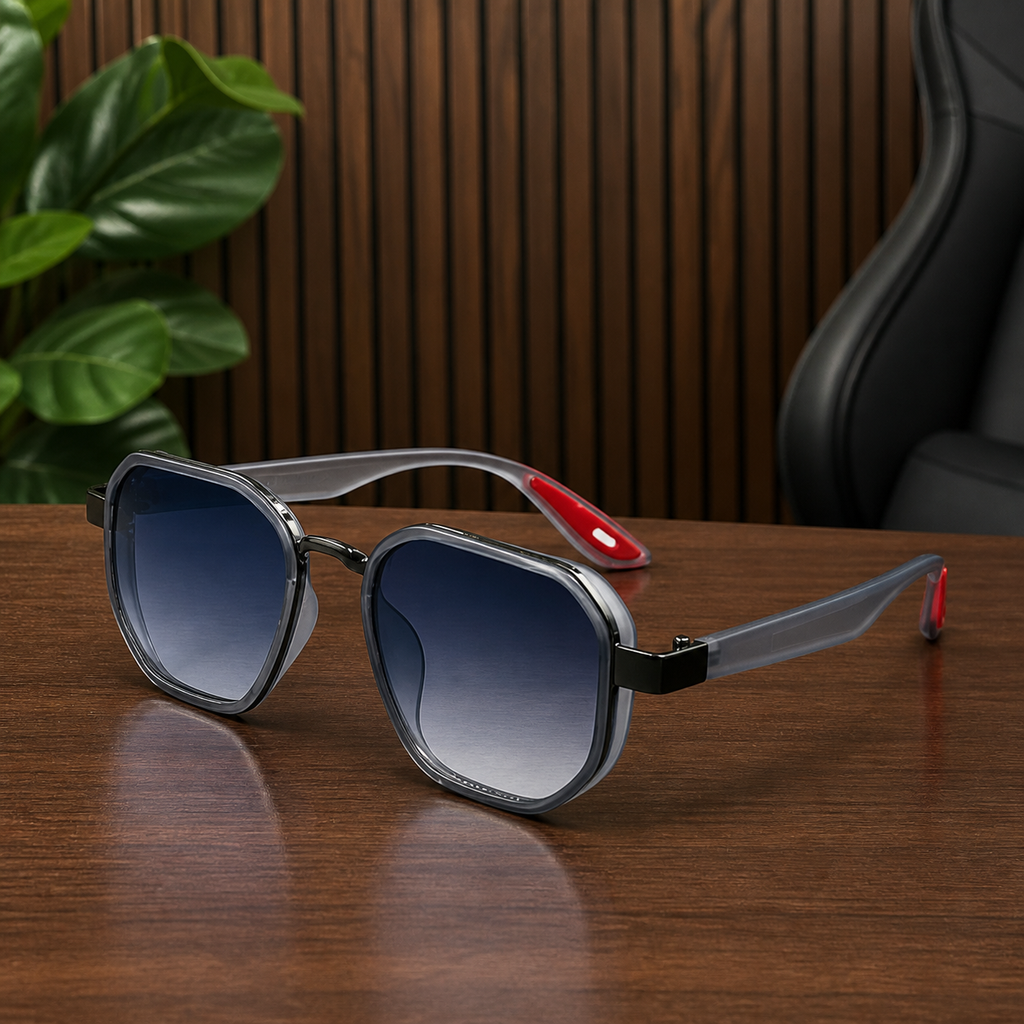 Ray-Ban unisex sport square sunglasses in smoke grey with blue gradient lenses, PrimePicks office lifestyle