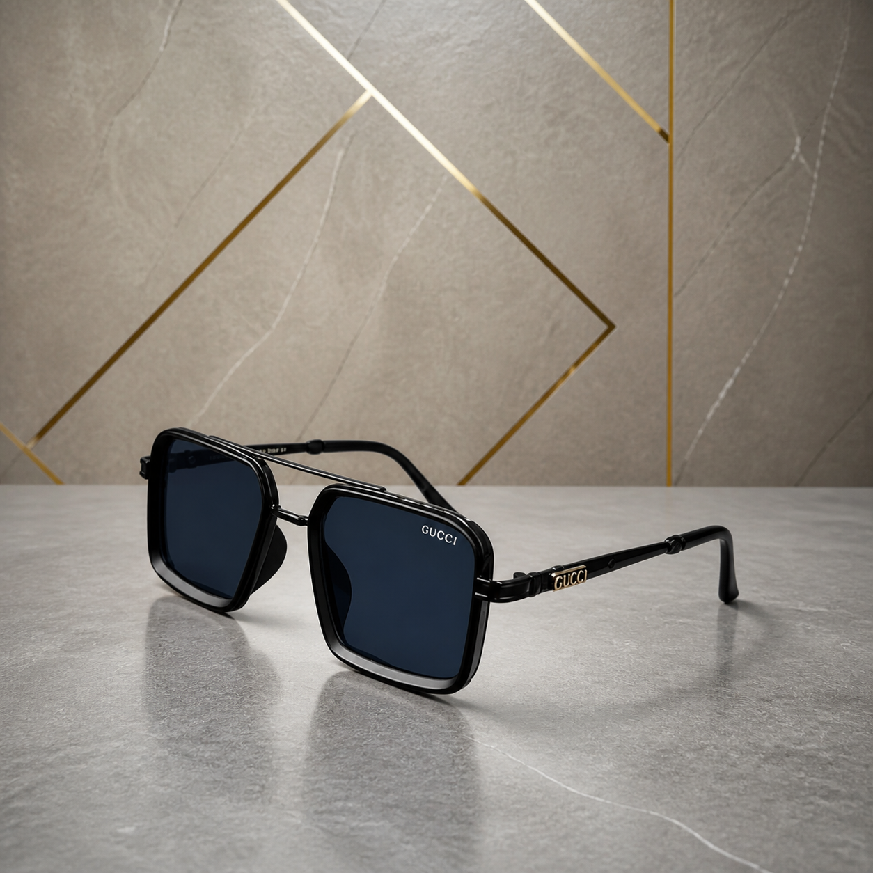 Gucci black square double-bridge sunglasses with dark blue lenses, front three-quarter hero view