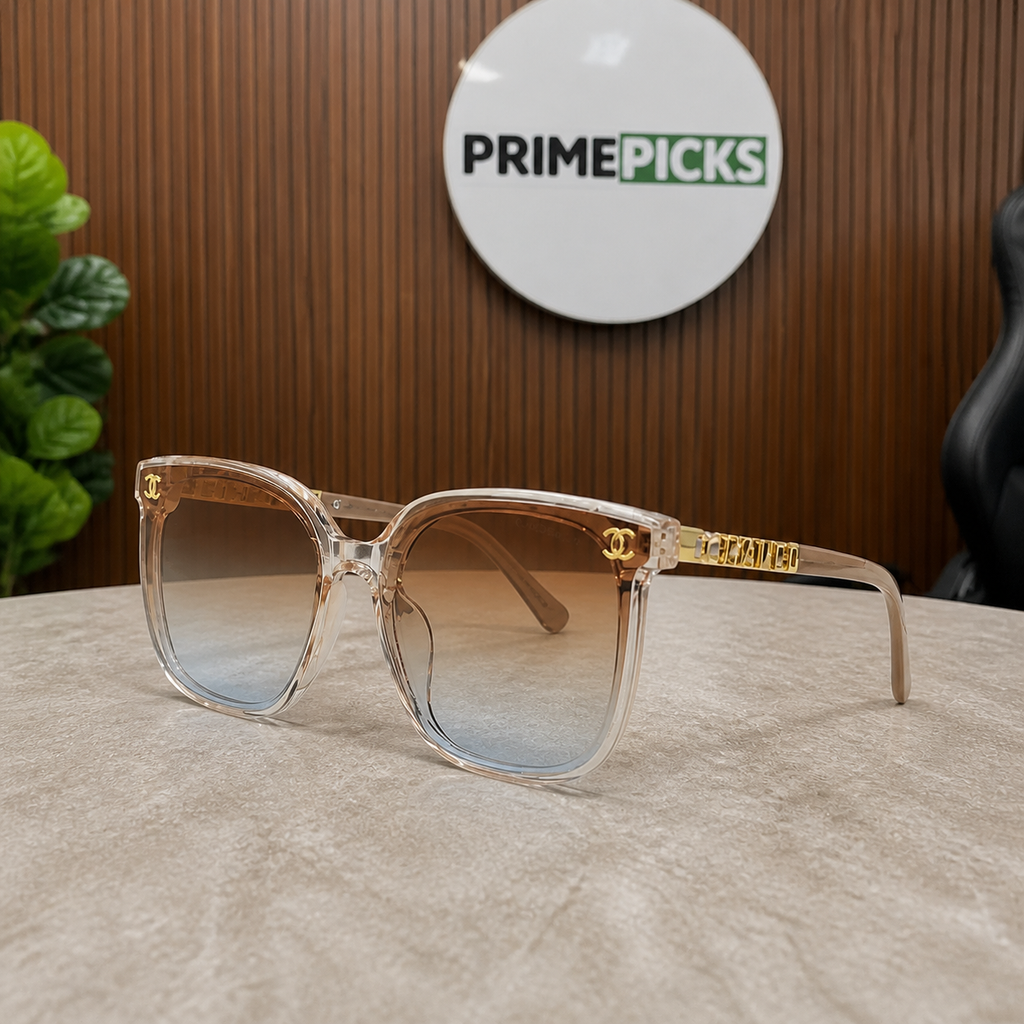 Chanel crystal-blush butterfly sunglasses with brown gradient lenses, alternate three-quarter view
