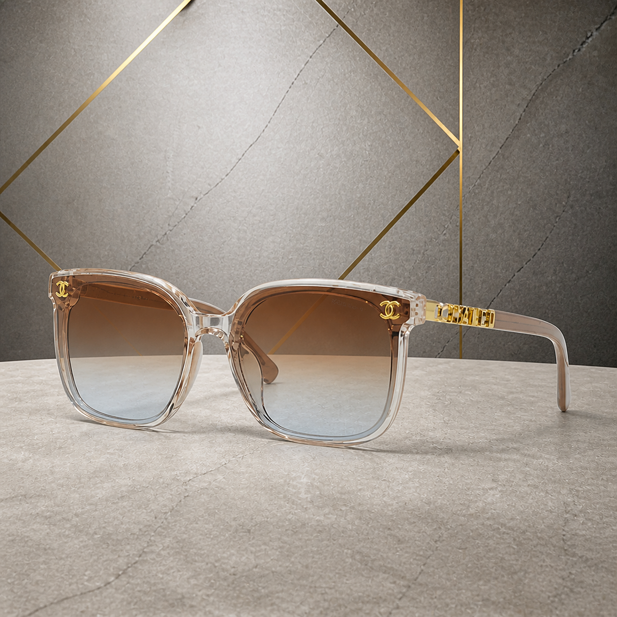 Chanel crystal-blush butterfly sunglasses with brown gradient lenses, elevated front view