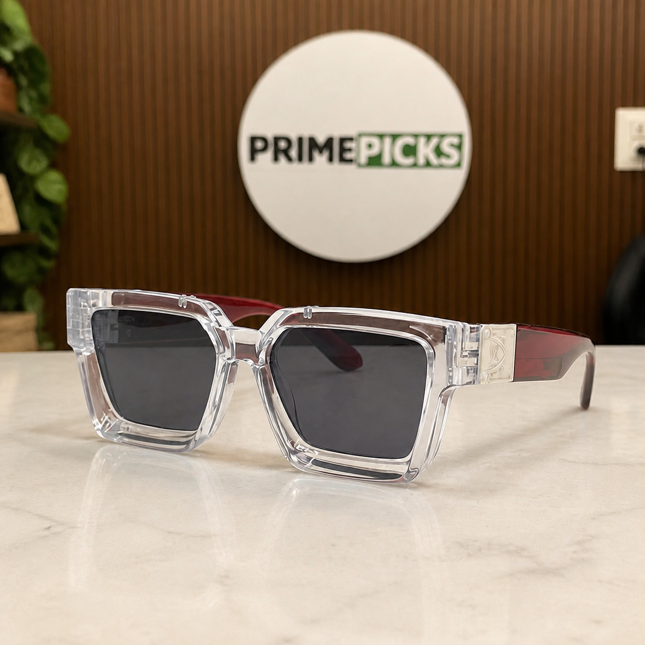 Louis Vuitton crystal angular square sunglasses with burgundy temples and smoke lenses, front three-quarter hero view