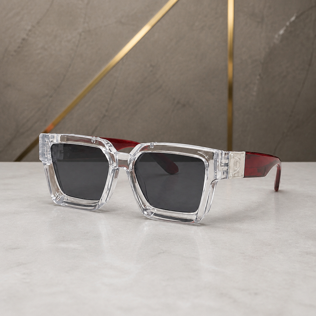 Louis Vuitton crystal angular square sunglasses with burgundy temples and smoke lenses, alternate three-quarter view