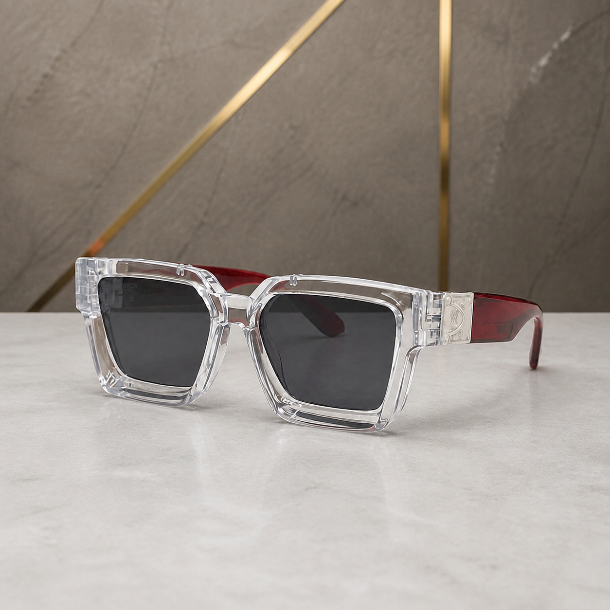 Louis Vuitton crystal angular square sunglasses with burgundy temples and smoke lenses, alternate three-quarter view