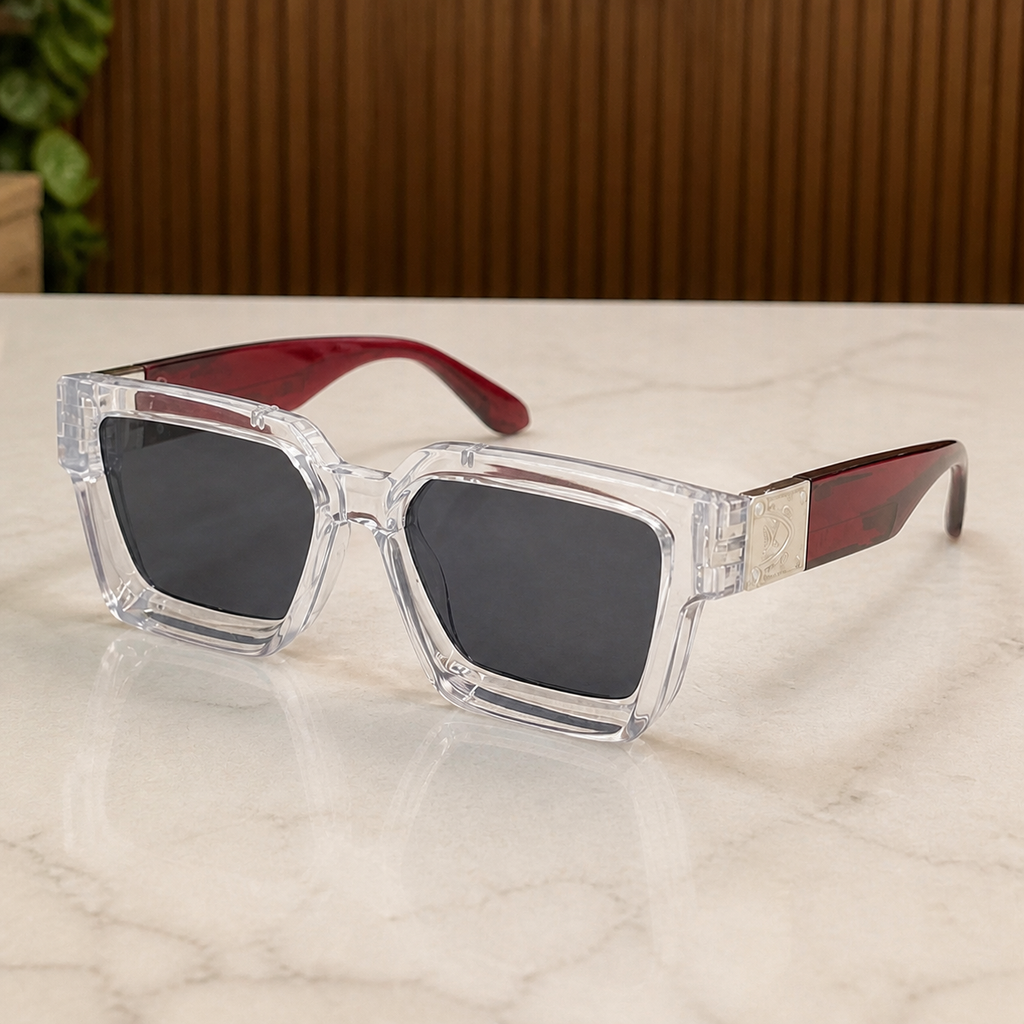 Louis Vuitton crystal angular square sunglasses with burgundy temples and smoke lenses, elevated front view