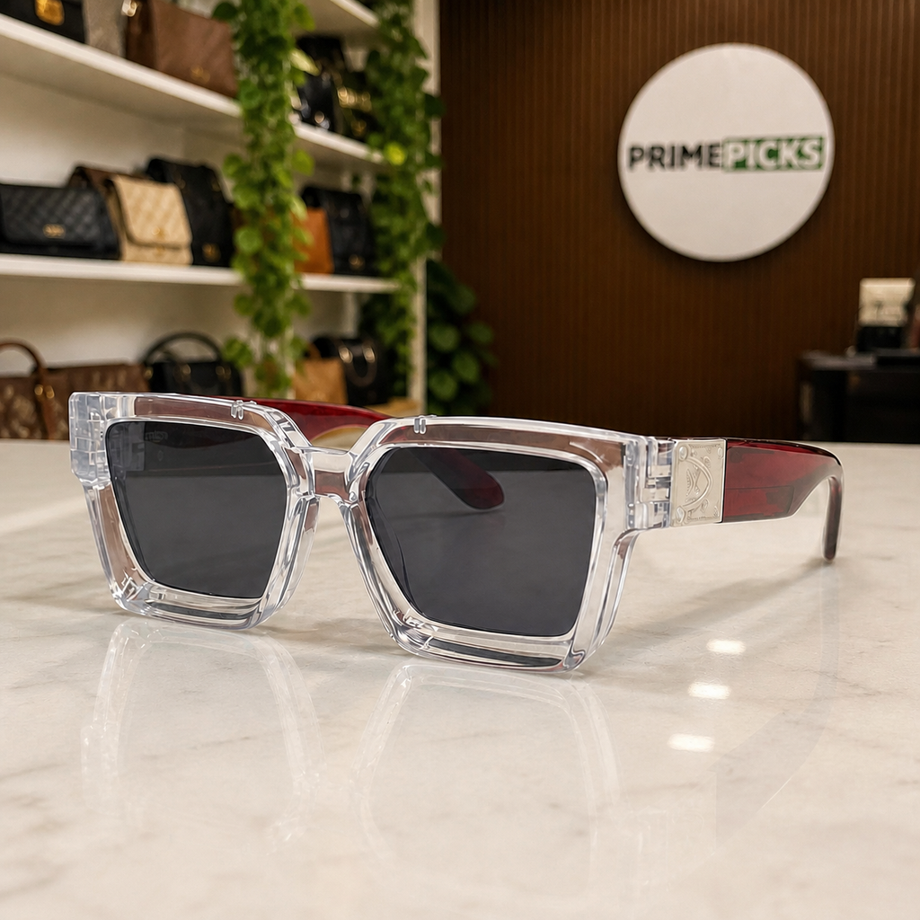 Louis Vuitton crystal angular square sunglasses with burgundy temples and smoke lenses, PrimePicks office lifestyle view