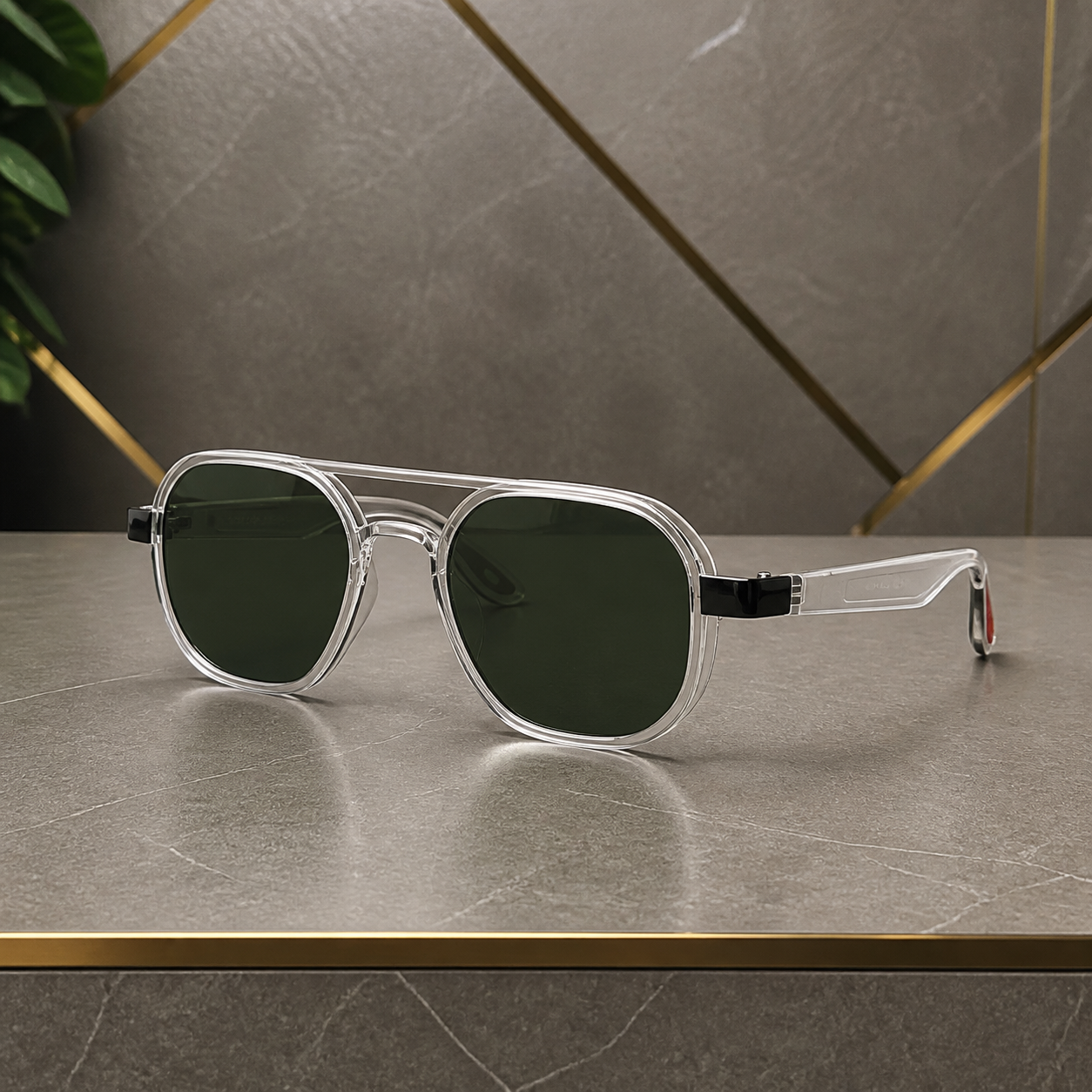 Ray-Ban unisex sport square sunglasses in crystal clear with dark green lenses, hero view