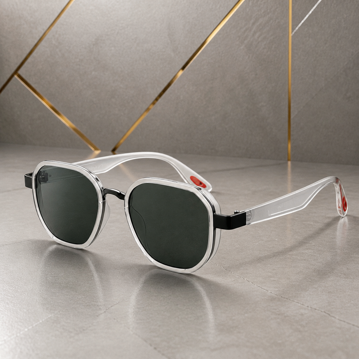 Ray-Ban unisex sport square sunglasses in crystal clear with dark green lenses, temple detail