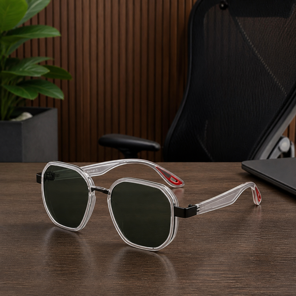 Ray-Ban unisex sport square sunglasses in crystal clear with dark green lenses, PrimePicks office lifestyle