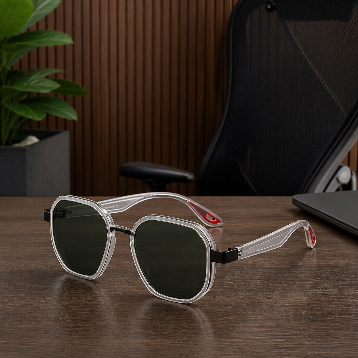 Ray-Ban unisex sport square sunglasses in crystal clear with dark green lenses, PrimePicks office lifestyle